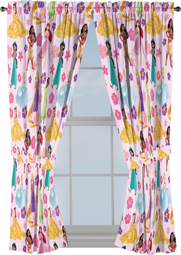 Jay Franco Window Curtains for Kids Bedroom 4-Piece Drape Set with 2 Tiebacks, Pink - Disney Princess, 42" W x 63" L (Pack of 2)