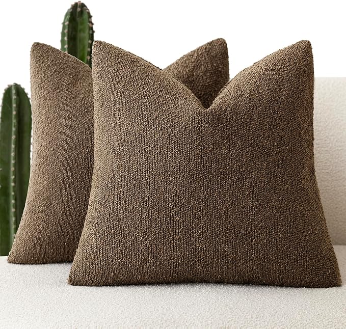 Foindtower Pack of 2, Decorative Textured Boucle Throw Pillow Covers Accent Solid Pillow Cases Cozy Soft Couch Cushion Case for Chair Sofa Bedroom Living Room Home Decor 22x22 Inch Chocolate