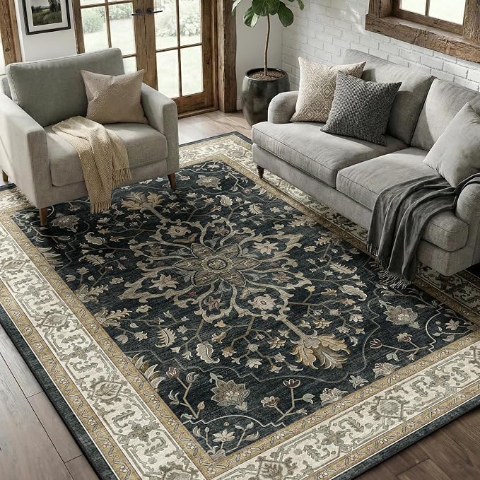 RELEANY Area Rugs 5'x8' Washable Non-Slip, Floral Vintage Distress Medallion Carpet for Living Room Bedroom Dining Room, Vintage Black Brown Neutral