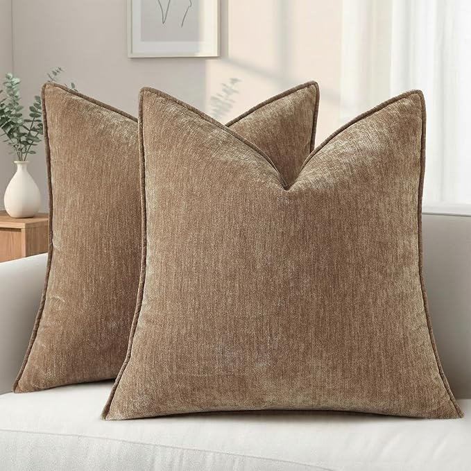 decorUhome Fall Couch Euro Sham Throw Pillow Covers 26x26 Set of 2, Decorative Soft Velvet Modern Cozy Chenille Pillow Cases with Elegant Design for Sofa Bed Living Room Home Decor, Brown