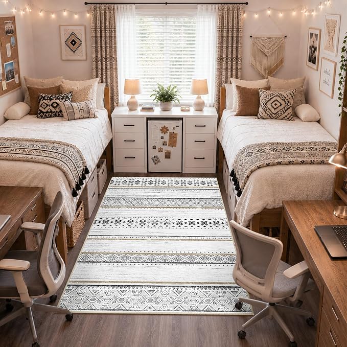 BESTSWEETIE 3x5 Area Rugs for Living Room Washable Moroccan Farmhouse Neutral Geometric Low Pile Non-Slip Soft Print Pattern Rug for Bedroom Kitchen Dining Room Entryway Black/Brown