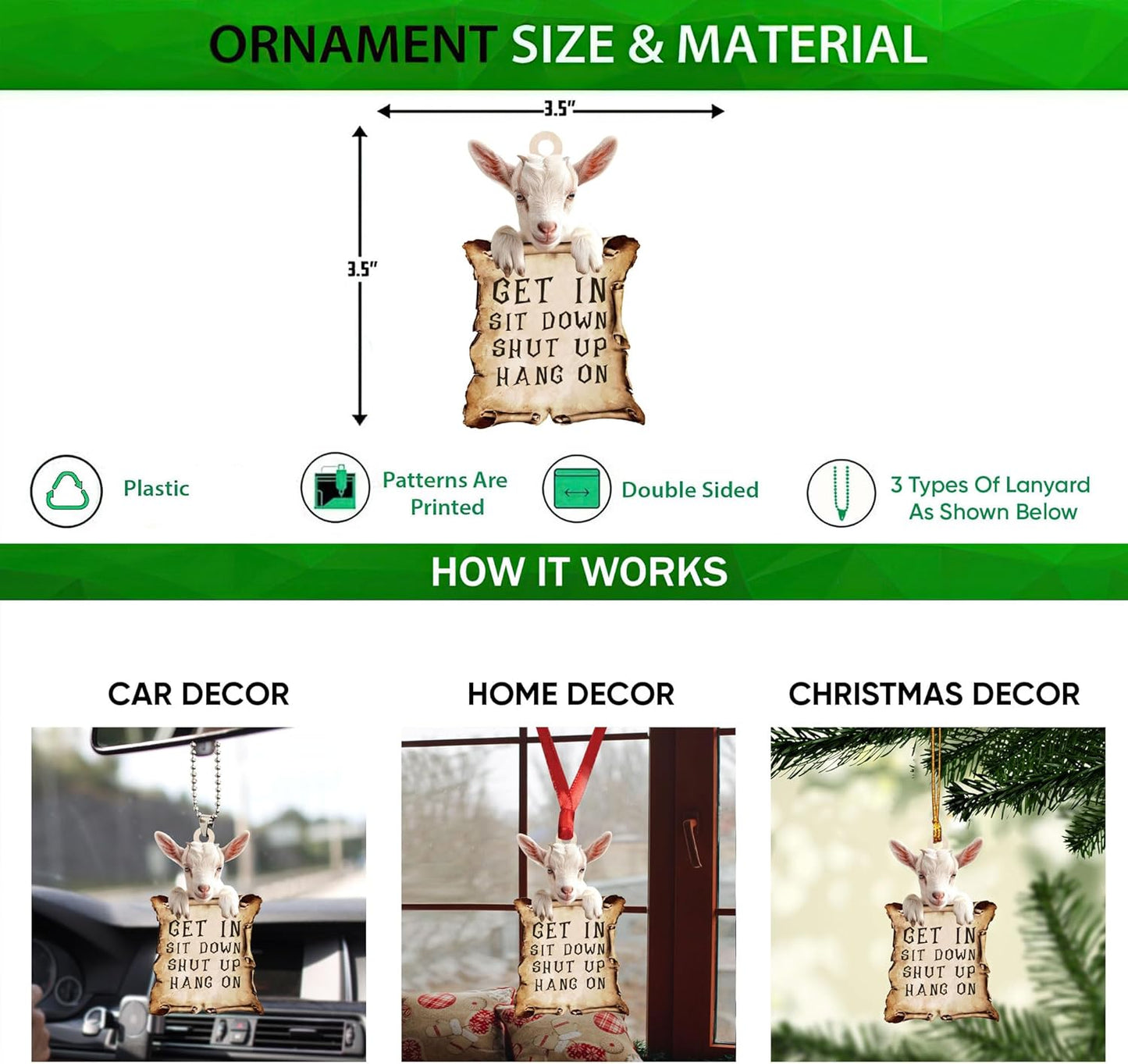 Talataca Goat Get in Sit Down Shut Up Hang On Funny Animal 2D Flat Car Rear View Mirror Accessories Christmas Tree Ornament Decoration Hanging Charm Interior Rearview Pendant Decor Gift