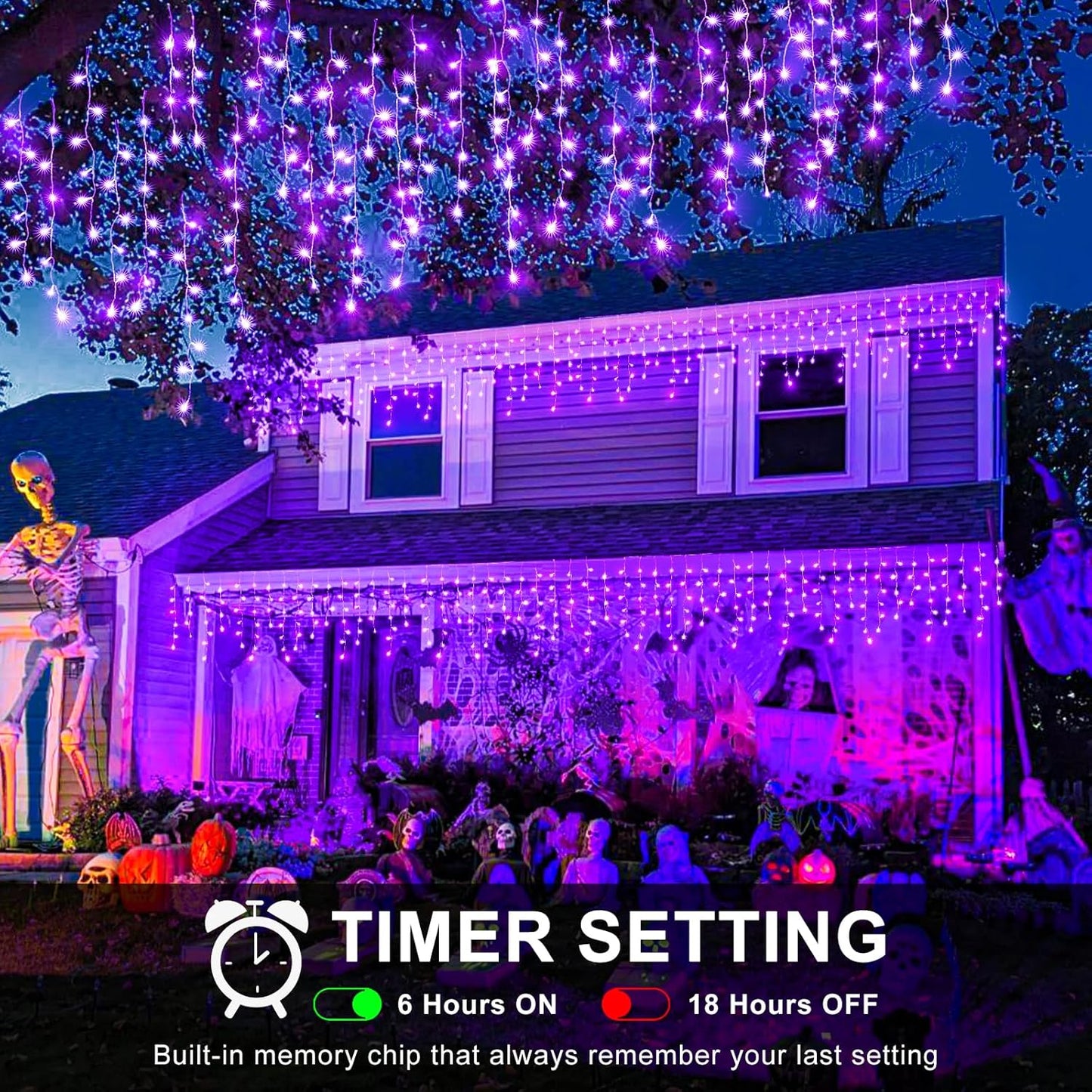 Halloween Lights Outdoor, 33FT 400 LED Purple Icicle Lights for Outside with Waterproof 8 Modes, Plug in Connectable Curtain Twinkle Light for Indoor Bedroom Patio Yard Party Holiday Decorations
