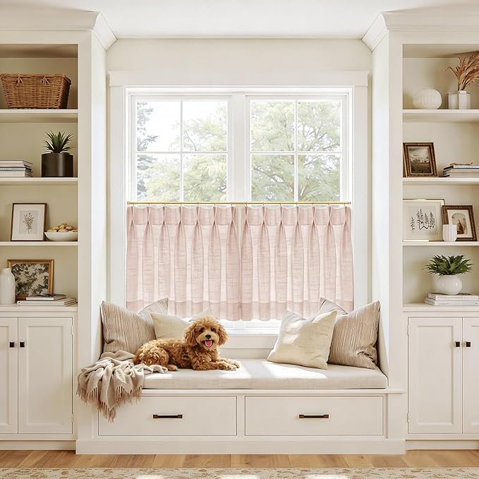 TWOPAGES 26" W x 30" L Linen Blend Cafe Curtains for Kitchen Window, Light Filtering Pinch Pleated Tier Curtains, Modern Farmhouse Half Window Curtains for Small Window, Pink Lemonade, 2 Panels