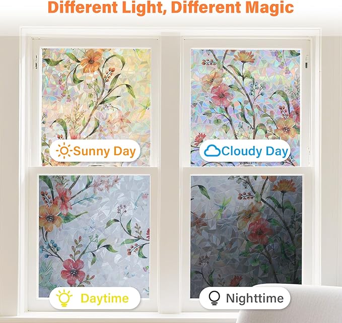 Finnez Floral Stained Glass Window Film, Rainbow Static Cling Privacy, No Glue Removable for Home Sliding Glass Doors, 35.4"x157.4"