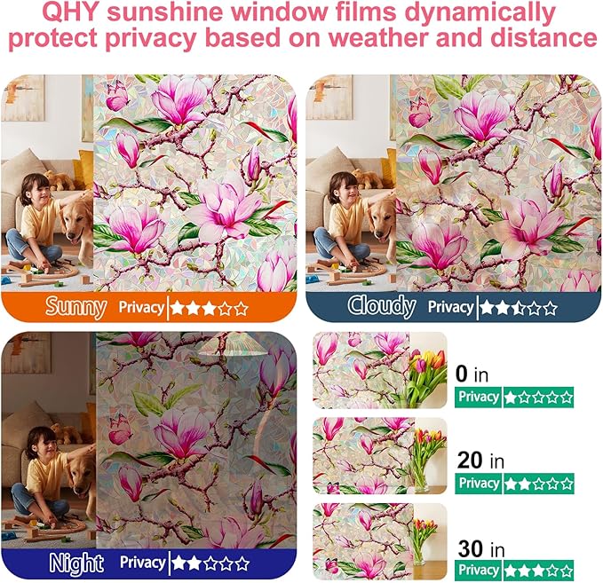 Window Privacy Film Stain Glass Window Film Rainbow Window Film Window clings Non-Adhesive Reusable Decorative for Room (Rainbow Magnolia, 17.5 X 78.7 in)