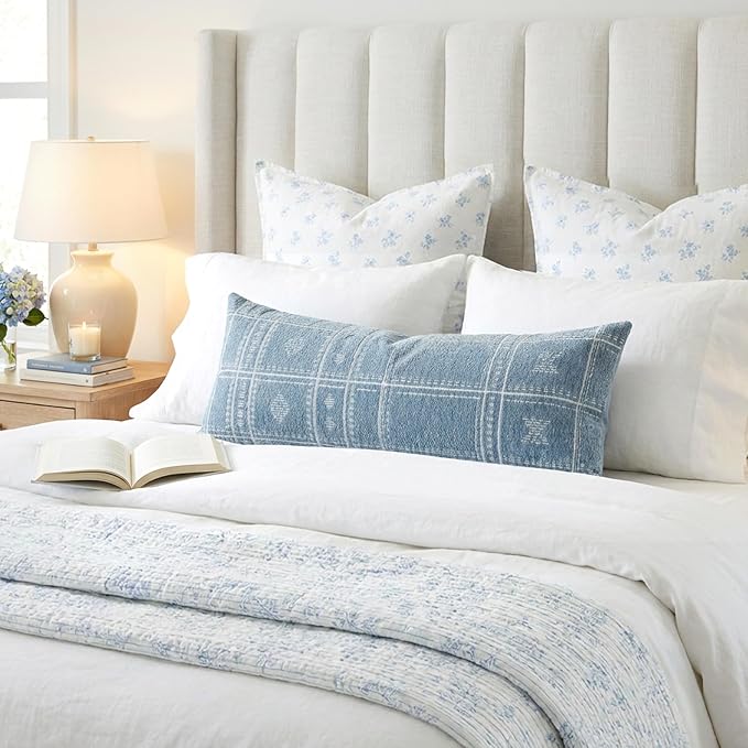 BlissBlush Decorative Lumbar Pillow Cover 14x36, Long Decorative Throw Pillow for Bed,Coastal Blue Textured Chenille Accent Pillowcase for Bedroom Home Décor (Cover Only)