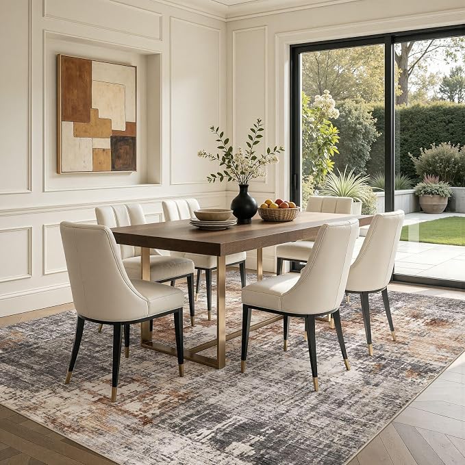 DMOYEST Area Rug Living Room Rugs - 10x12 Washable Large Soft Indoor Neutral Modern Abstract Low Pile Rug Carpet for Bedroom Dining Room Farmhouse Home Office - Grey Brown