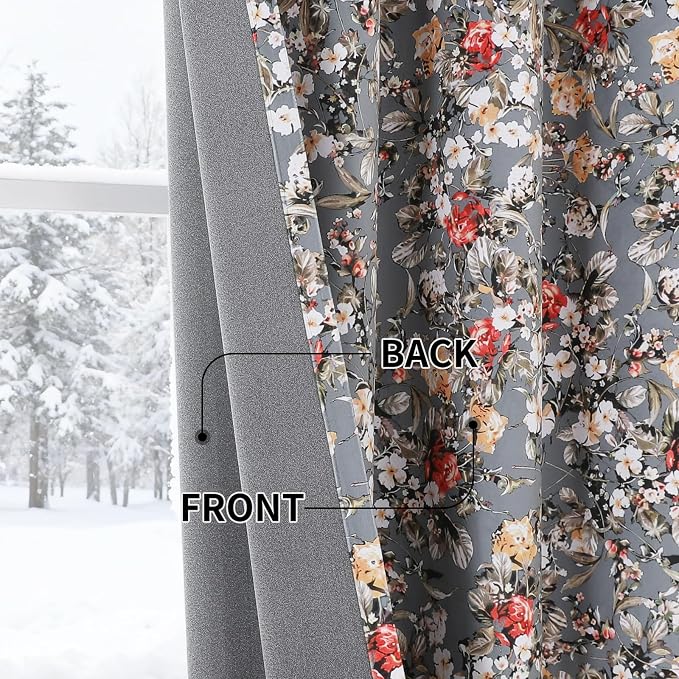 Estelar Textiler Grey Velvet Floral Pattern Blackout Curtains & Drapes for Bedroom, Room Darkening Thermal Insulated Grommet Window Luxury Curtains 90 Inches Long 2 Panels for Living Room,52Wx90L,Gray