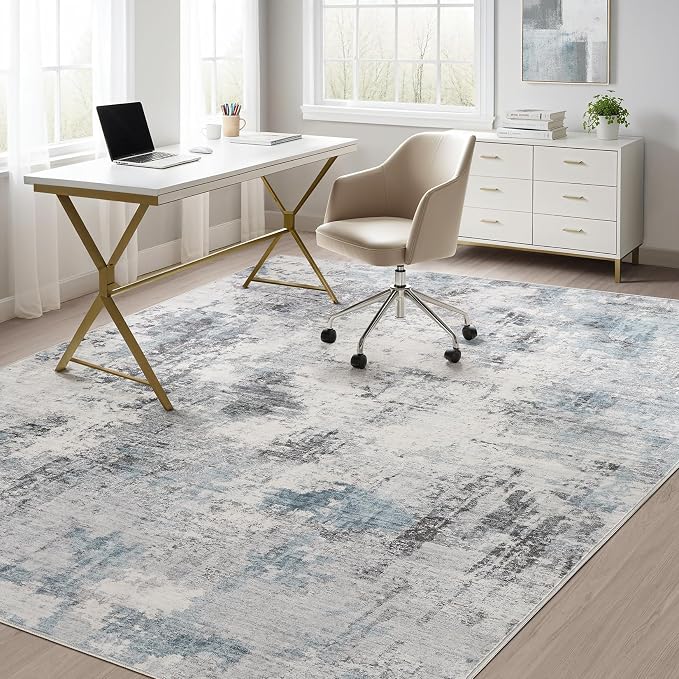 Abstract 7x9 Area Rug: Machine Washable Non Slip Ultra Thin Low-Pile Carpet, Soft Stain Resistant for Living Room Bedroom Nursery, Kid Pet Friendly, Robot Vacuum Compatible - Grey Blue