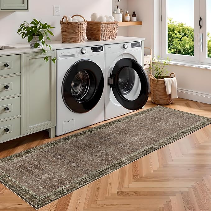 Washable Runner Hallway Rug,2x6 Non Slip Boho Non-Shedding Kitchen Carpet Soft Indoor Stain Resistant Rug for Bedroom Laundry Room Bathroom Brown Floral