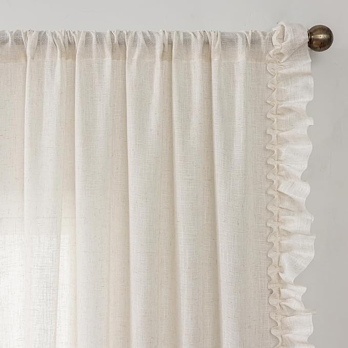 Linen Ruffle Curtains for Living Room, 2 Panels Farmhouse Ruffled Curtains 84 Inches Long, Rod Pocket Privacy Light Filtering Semi-Sheer Cottagecore Window Flowy Scalloped Curtain Drapes, 58 x 84 Inch