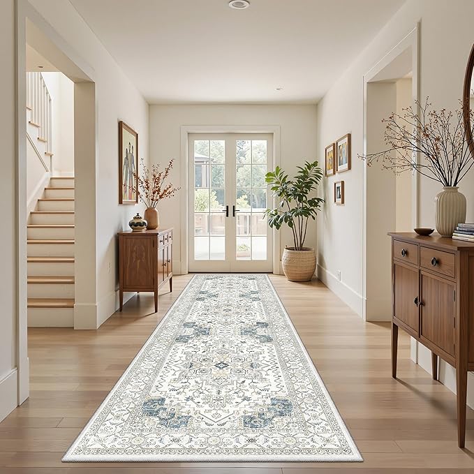 Washable 2x8 Runner Rug Vintage Area Rugs for Hallway Water Resistant Kitchen Entryway Rug Ultra Soft Living Room Bedroom Carpet Indoor Low Pile Floor Mat for Bathroom Dining Room (2'x8',BeigeBlue)