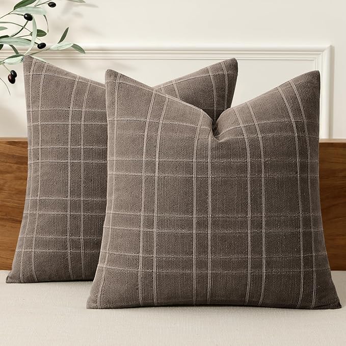 MIULEE Decorative Linen Check Euro Shams Throw Pillow Covers Neutral Farmhouse Vintage Pillow Covers 22x22 Set of 2 Boho Modern Winter Home Decor for Sofa Couch Bedroom Cushion Brown