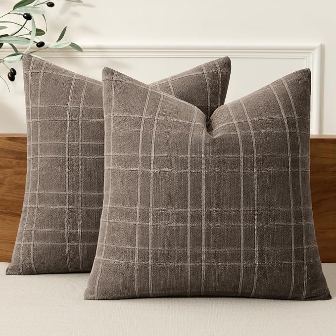 MIULEE Decorative Linen Check Throw Pillow Covers Neutral Farmhouse Vintage Pillow Covers 20x20 Set of 2 Boho Modern Winter Home Decor for Sofa Couch Bedroom Cushion Brown