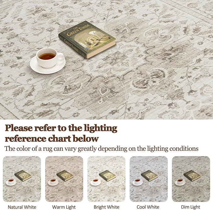 5x7 Area Rugs for Living Room:Beige Washable Vintage Medallion Carpet Non-Slip Soft Low Pile Large Rugs Indoor Retro Rug for Bedroom Nursery Dining Table Office Home(Beige White 5'x7')