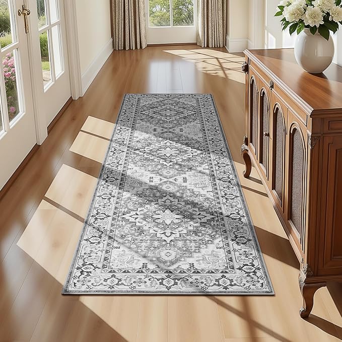 Lofus 2x6 Hallway Washable Runner Rug, Vintage Kitchen Runners Non Slip, Entryway Rugs for Bathroom Bedroom Living Room Laundry Room Floor Mat, Boho Entry Long Carpet, Floral Grey