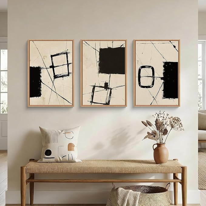 HOURIA Abstract Neutral Black Beige Brush Stroke Framed Canvas Wall Art Set,Wabi Sabi Geometric Grunge Line Shapes Wall Decor,Modern Minimalist Ink Sketch Artwork for Living Room,Farmhouse-16 x24 x3
