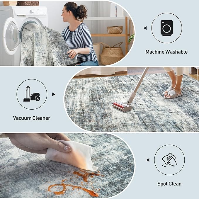 9x12 Area Rugs Washable Rug: Modern Abstract Living Room Rug Soft Anti-Skid Thin Carpet Indoor Floor Non-Shedding Carpets for Bedroom Dining Room Farmhouse Nursery Home Office Blue Multi