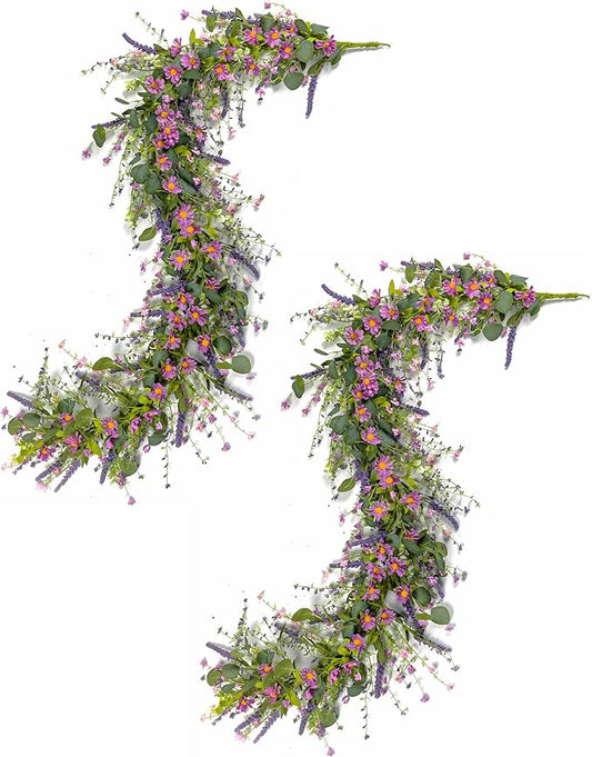 2PCS 6ft Spring Flower Garland Faux Eucalyptus Greenery with Lavender, Purple Daisy Wild Berry Artificial Floral Vine for Easter Wedding Arch Decor, Baby Shower Mantle Table Centerpiece
