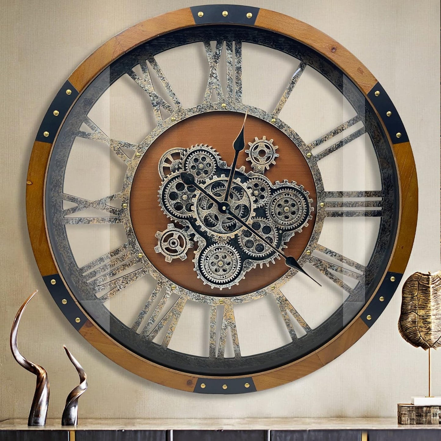 DORBOKER 24" Original Moving Gears Wall Clock, Large Industrial Wall Clock for Living Room Decor, Retro Wood Vintage Farmhouse Steampunk Rustic Clocks for Wall Decor,Brown Nanmu