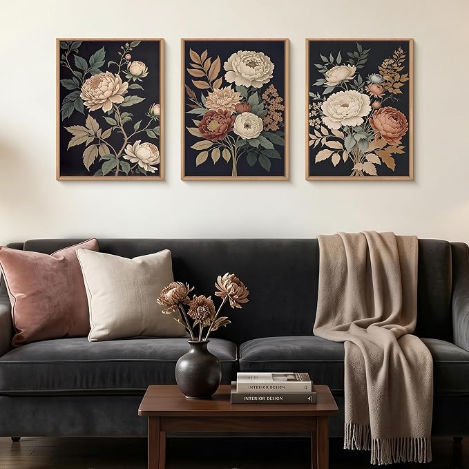 HOURIA Large Moody Dark Flower Framed Canvas Wall Art,Retro Beige Red Peony Wall Decor,Vintage Textured Blossom Botanical Artwork,Natural Wildflower Art Print for Living Room,Bedroom,Office-12 x16 x3