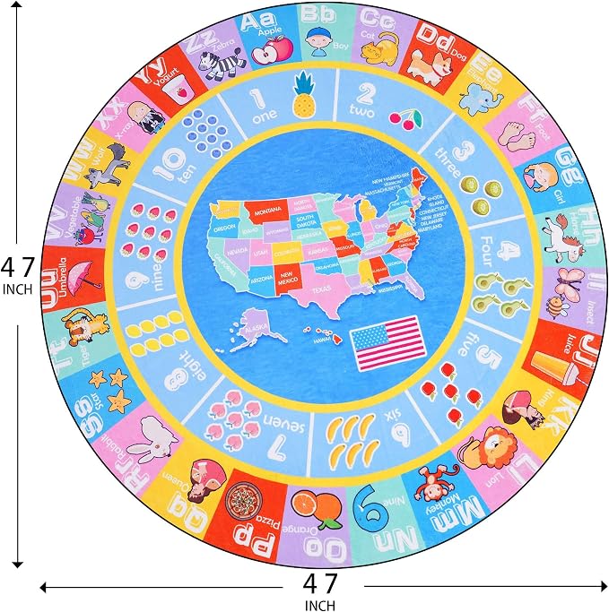 Kids Rugs for Playroom - Soft & Non-Slip 4x4 Feet Round Educational Rug for Learning ABC Alphabet, Numbers, Shapes & Map, Washable Classroom Rug for Bedroom Nursery & Kids Room Decor