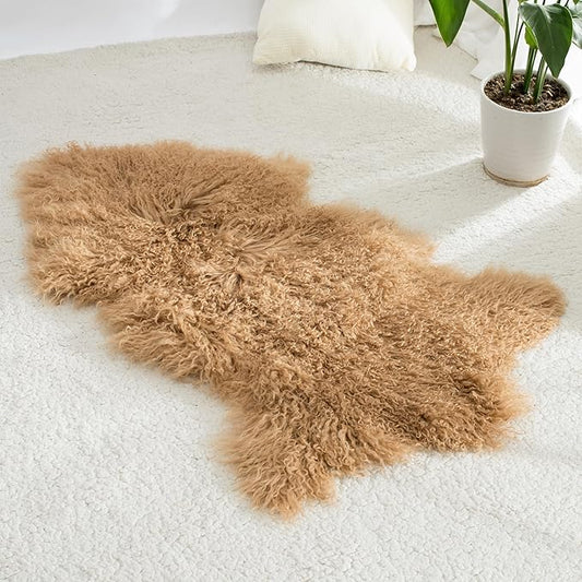 100% Genuine Sheepskin Area Rug Real Lightweight Fluffy Soft Mongolian Long Wool Fur Carpet for Couch Bed Sofa Bedroom Living Room Camel 2x3ft