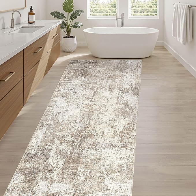 Runner Rug Kitchen Washable Rugs: 2x10 Non-Slip Abstract Soft Modern Stain Resistant Indoor Floor Neutral Accent Throw Carpet for Hallway Bathroom Laundry Room Entryway Bedroom- Beige Brown