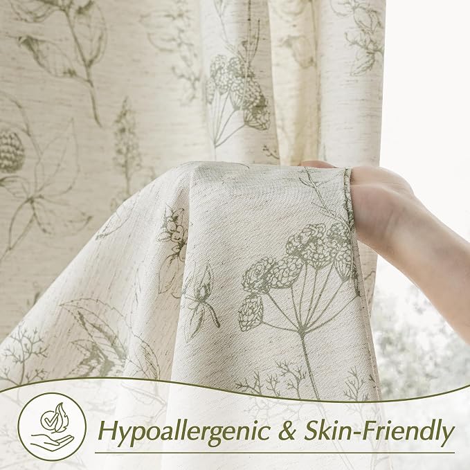 FMFUNCTEX Linen Curtains Floral Patterned Curtain for Bedroom Living Room, Sage Green Curtains 96 Inches Long Farmhouse, Light Filtering Beige Window Curtain Grommet Top 2 Panels Set