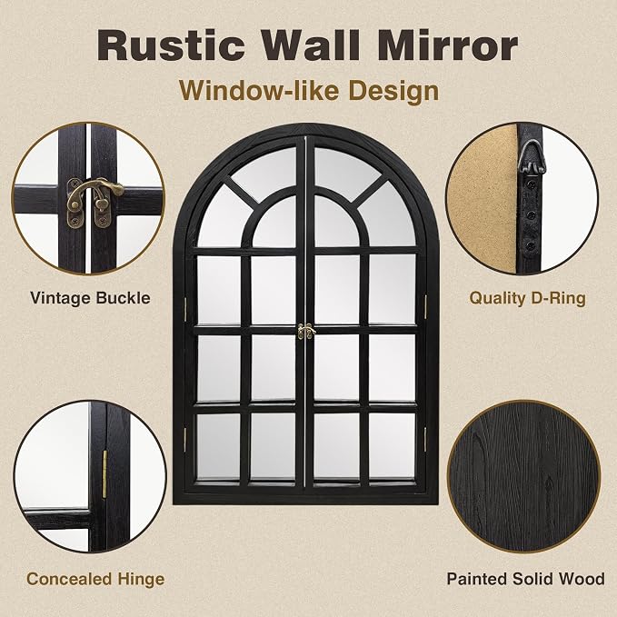 Arched Window Mirrors for Wall, Wooden Rustic Farmhouse Mirror for Wall Decor 28 x 40 Black, Decorative Wall Mirror Arch for Living Room, Bedroom, Bathroom, Fireplace, Farmhouse