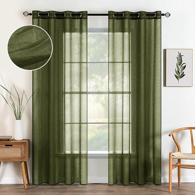 MIULEE 2 Panels Olive Green Semi Sheer Window Curtains Elegant Grommet Top Window Voile Drapes/Treatment Linen Textured Dark Green Panels for Bedroom Living Room (54X72 Inches)
