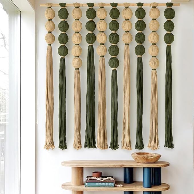 Macrame Wall Hanging Large Boho Wall Decor Natural Green Jute Sphericity Cotton Textile Wall Hanging Geometric Art Fiber Yarn Art Handmade For Living Room Bed Room Apartment Wedding Party 39" Wx39" L