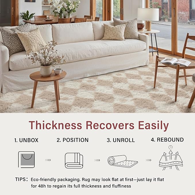 PureCozy Checkered Rug 5x7 Fluffy Shag Living Room Beige Area Rug Modern Washable Carpet Soft Shaggy Non Slip Indoor Plush Fuzzy Rugs for Bedroom Dorm Office Home Aesthetic Decor