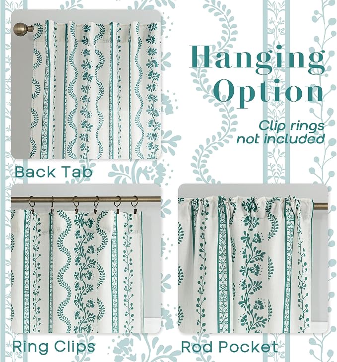 Summer Teal Floral Sheer Curtains, Eclectic Boho Vine Curtains for Bedroom Living Room