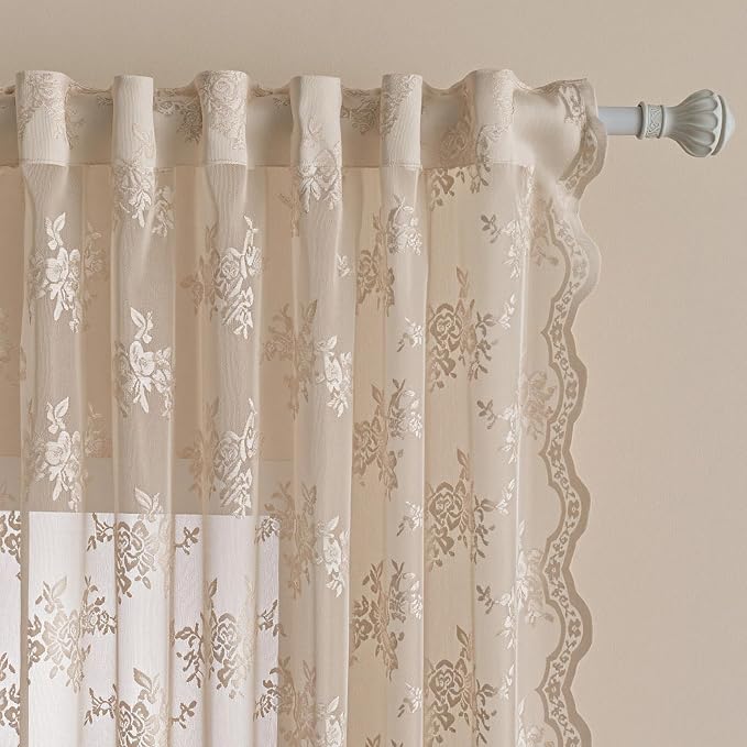 MEETSKY Beige Boho Lace Sheer Curtains 72 Inch Length 2 Panels Set Vintage Victorian French Floral for Bedroom Cabinet Light Filtering Cafe Farmhouse Style Rod Pocket Drapes, W50 Each Panel