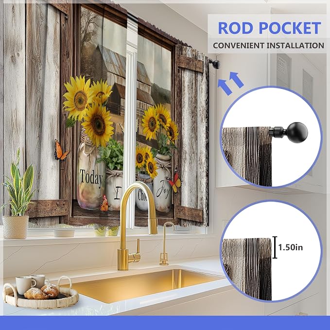 Aimego Wood Sunflower Kitchen Curtains - Retro Cafe Country Small Short Tier Window Curtains for Bathroom Living Room Decor Rod Pocket Window Drapes 36 Inch Length Set 28"x36"
