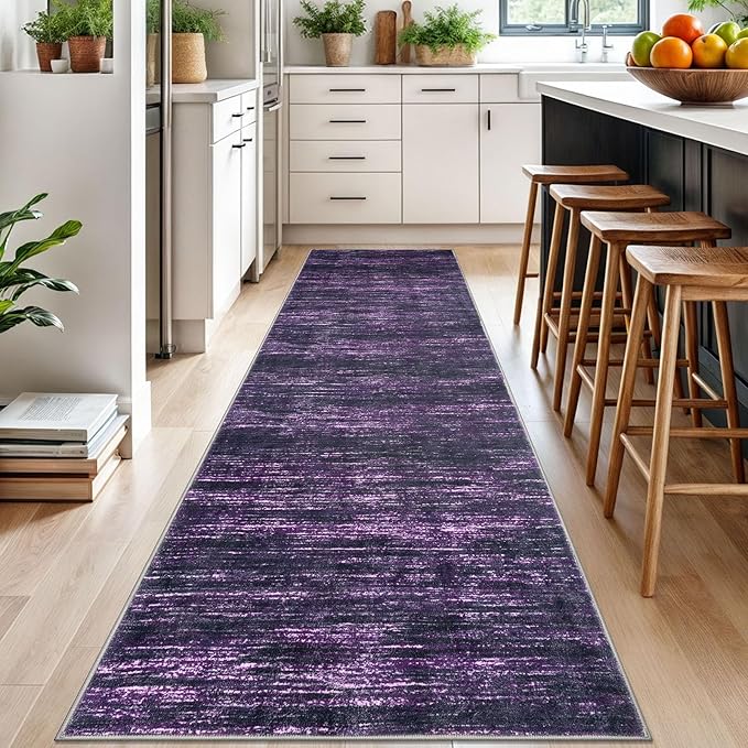 SIILOOM 3x10 Modern Abstract Runner Rug for Hallways, Purple White Super Soft Hallway Decor Kitchen Rugs with Non-Slip, Non-Shedding Washable Rug for Entryway Bedroom Indoor