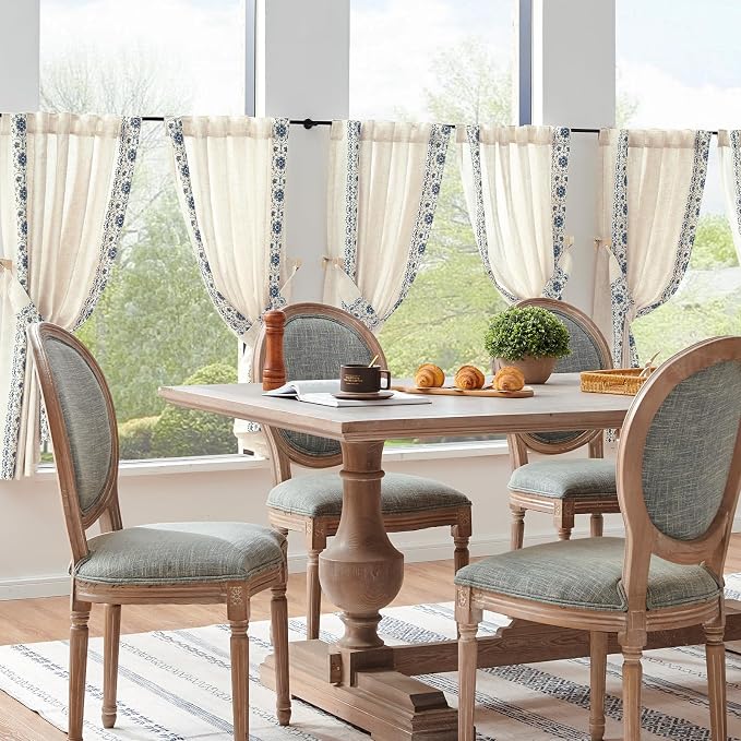 jinchan Blue Floral Embroidered Linen Kitchen Curtains 54×45 Inch 2 Panels | Light filtering, back tab, rod pocket, cafe curtains for kitchen bedroom living room, cottage farmhouse, small window