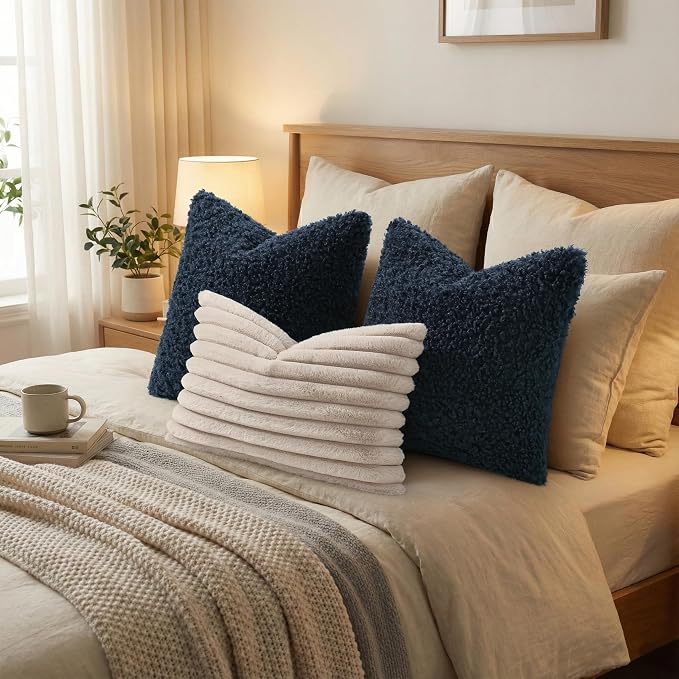 decorUhome Pack of 2 Throw Pillow Covers 26x26 Inch, Faux Fur Decorative Sherpa Pillow Covers Fuzzy Accent Soft Sheepskin Fleece Pillow Cases for Couch Living Room Bed, Navy Blue