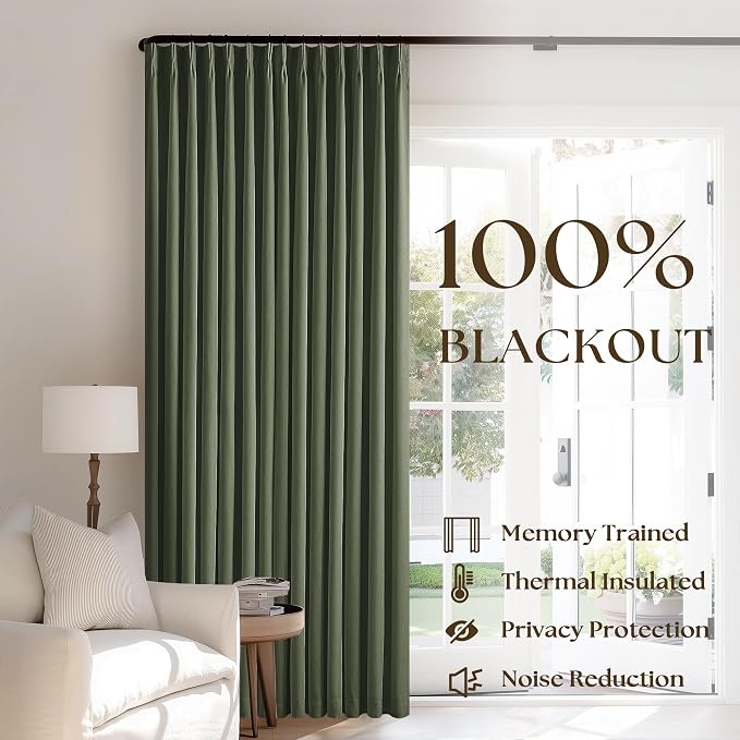 Olive Green Black Out Curtains 63 Inch Long for Bedroom Pinch Pleated with Rings Hooks Back Tab Thermal Insulated Short Linen Blackout Drapes Farmhouse Living Room Darkening Kitchen Curtains