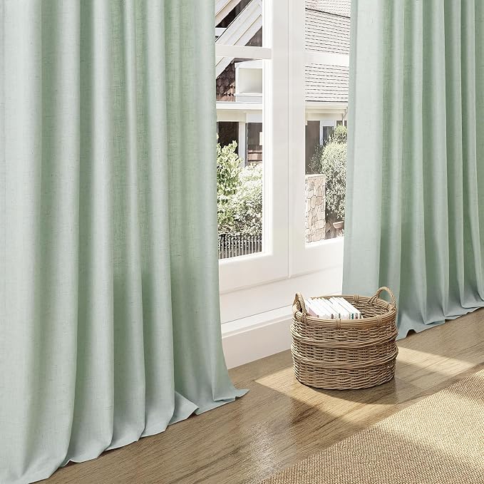 Nanspring Aqua Green Linen Curtains 52x72 Inch 2 Panels | Semi Sheer Light Filtering, Back Tab Rod Pocket, Living Room & Bedroom, Modern Farmhouse Decor