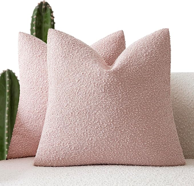 Foindtower Pack of 2 Textured Boucle Throw Pillow Covers Accent Solid Pillow Cases Cozy Soft Decorative Couch Cushion Case for Couch Chair Sofa Bedroom Living Room Home Decor 18x18 Inch Sakura Pink