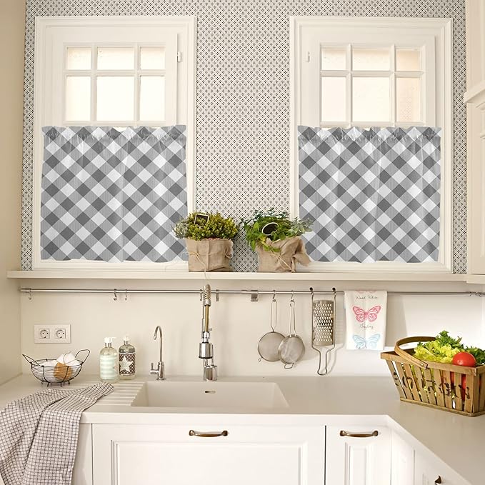 24 Inch Long Tier Curtains for Kitchen, Pastoral Style Grey Lattice Bathroom Window Curtains Rod Pocket Short Curtains Window Treatment Tiers for Living Room Farmhouse 2 Panels