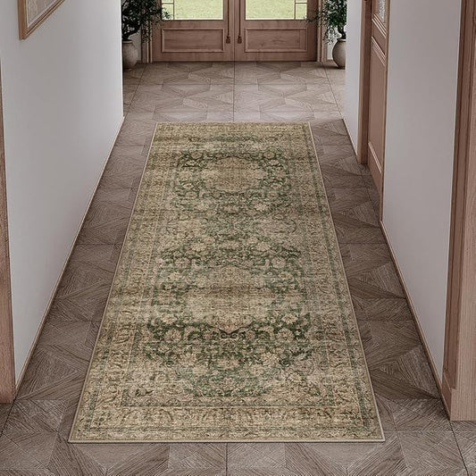2x5 Washable Runner Rug Green Brown Vintage Non Slip Soft Low Pile Hallway Kitchen Rug Distressed Oriental Carpet for Laundry Bathroom Bedroom Living Room Home Decor