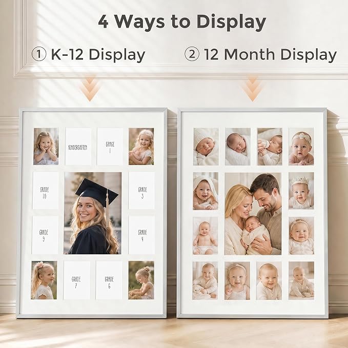 12x16 School Picture Frame K-12, Collage Frame for School Years, Silver | Sleek Silver K-12 Frame with 13 Openings: One 5x7 & Twelve 2.5x3.5 for Pre-K to 12th Grade | Wall Kit Included