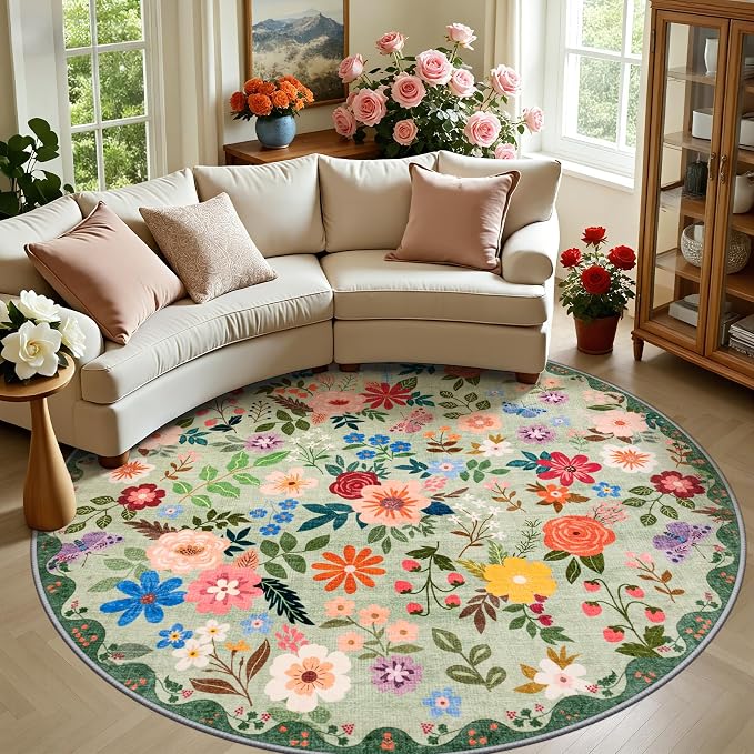 Round Area Rug for Living Room: 8 ft Floral Washable Circle Rug Soft Boho Non-Slip Carpet Indoor Floor Stain Resistant Low Pile Small Circular Rug for Bedroom Entryway Kitchen Nursery Green