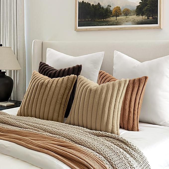 MIULEE Faux Fur Plush Decorative Throw Pillow Covers 18x18 Set of 4, Boho Fall Farmhouse Soft Fuzzy Striped Cushion Covers for Sofa Couch Bed Living Room Vintage Rustic Home Decor,Dark Brown