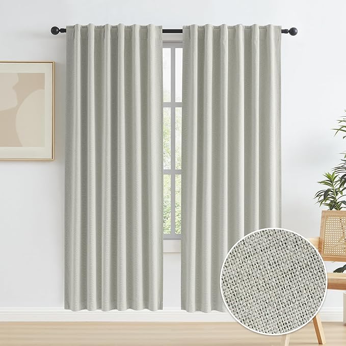 KEQIAOSUOCAI Linen Blackout Curtain Panels, Boho Country Cooling Warming Completely Blackout 72 inch Drop Thermal Insulated Draperies,Hook Belt Back Tab, 2 Panels Set, 50 by 72 Inch, Greyish Beige