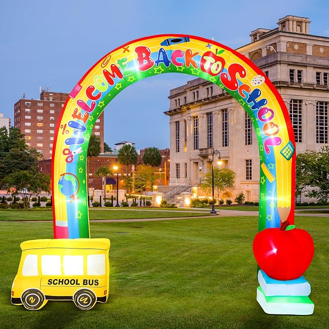 Shappy 9ft Welcome Back to School Inflatables Arch Decoration Outdoor 2026 with LED Lights for Blow up Archway First Day of School Party Lawn Yard Kindergarten Preschool Decor(Rainbow with Bus)